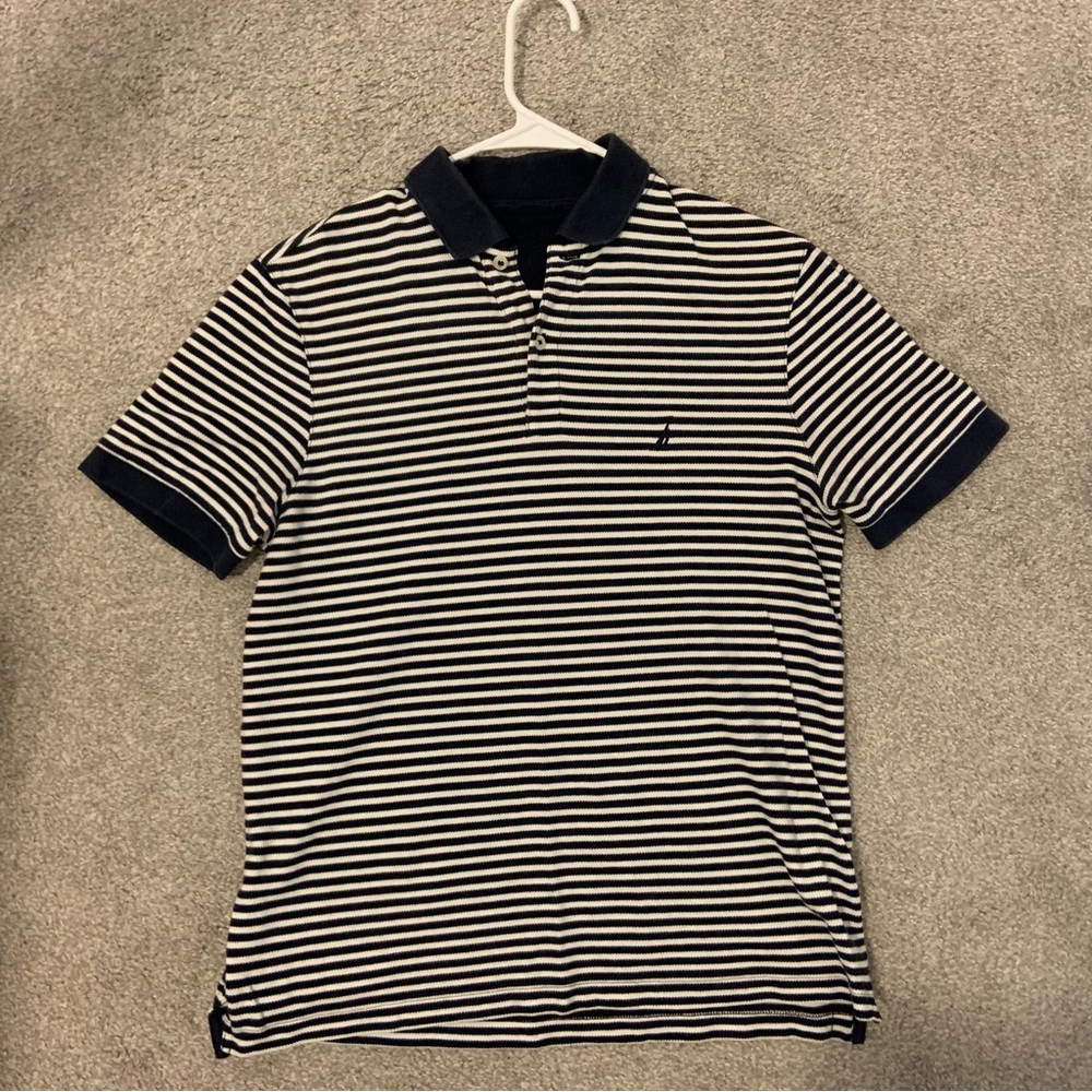 Men’s Navy and White Striped Polo